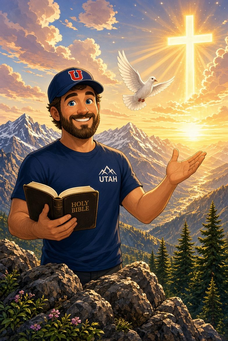 Illustration of Michael smiling and holding a Bible in front of Utah's mountains, with a glowing cross and a dove in the sky